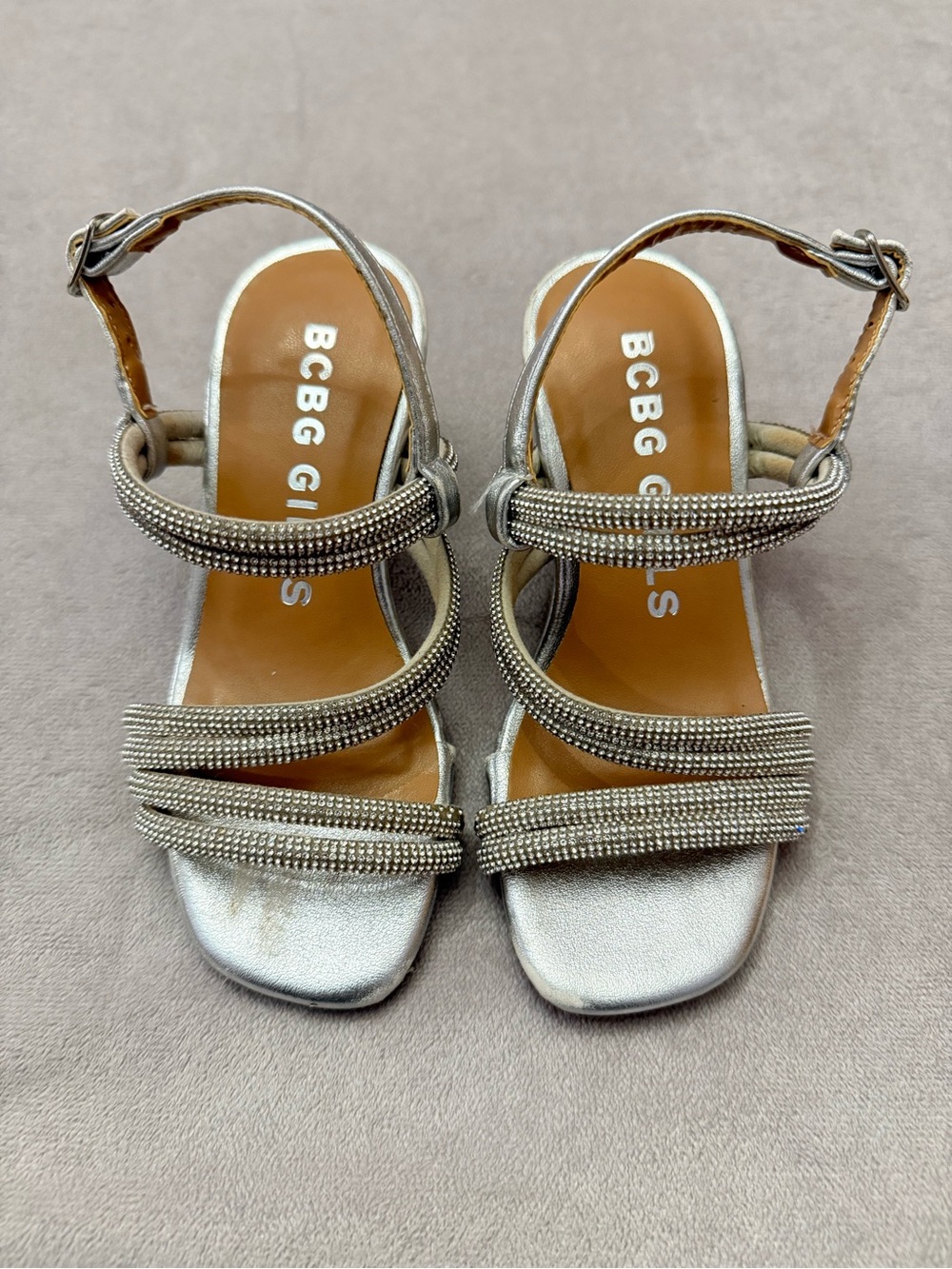 BCBG Girls Silver Rhinestone Block Heel Sandals Size 11 Dress Shoes Wedding Part